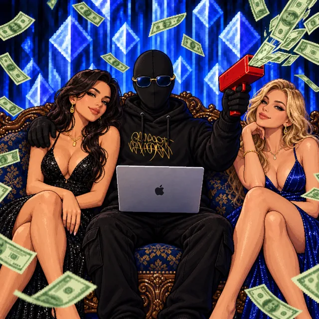 PAKITO SQUAD PREMIUM — zamaskowana postać na tronie z laptopem, w deszczu banknotów