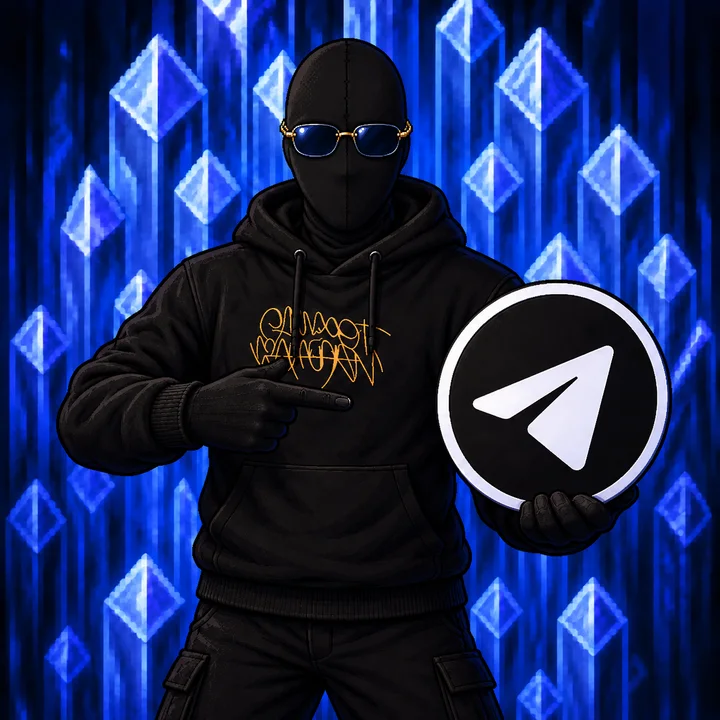 A masked figure holding the Telegram logo